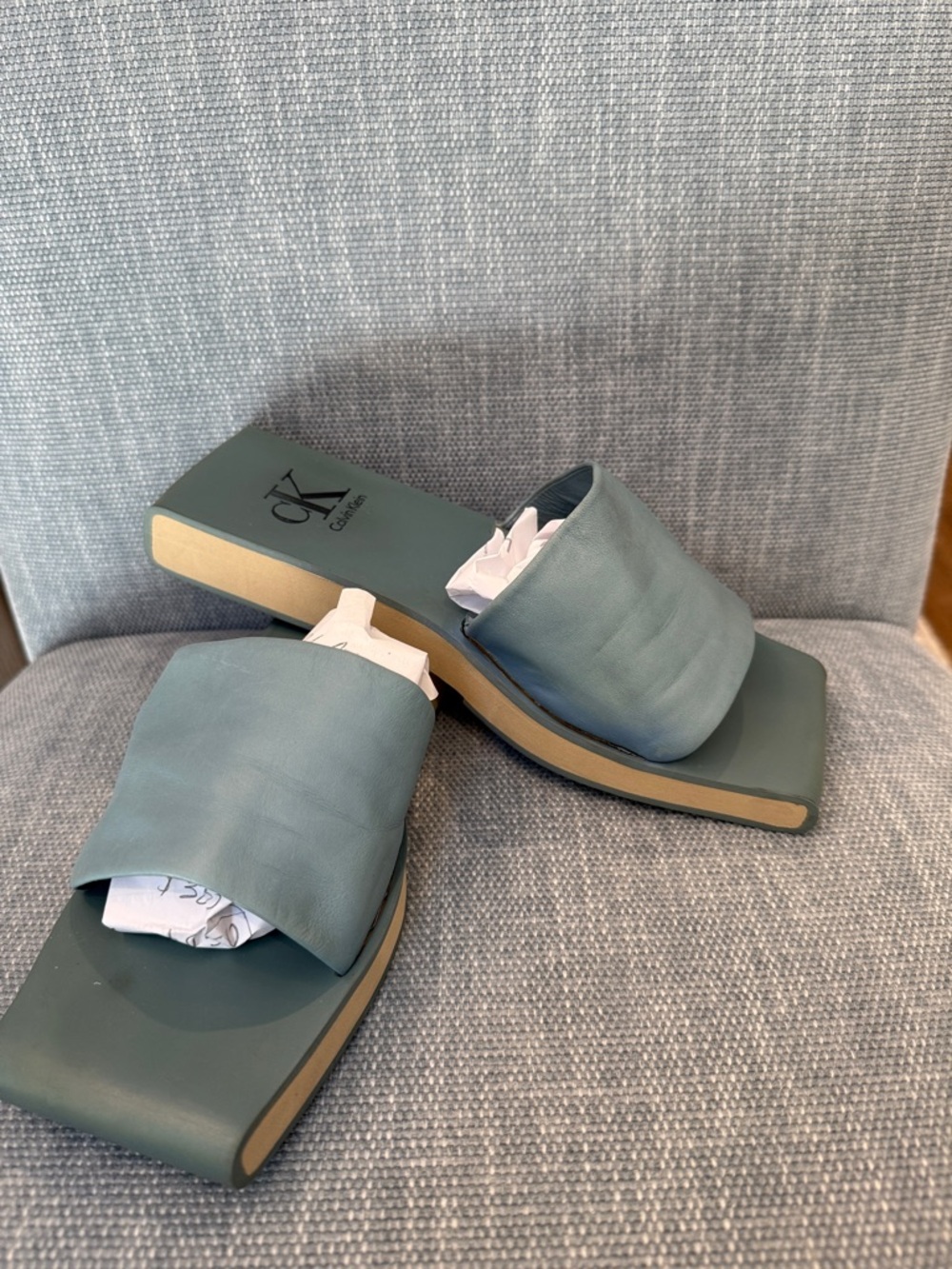 Calvin Klein Dusty Blue Leather Square-Toe Slide Sandals